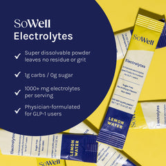 SoWell GLP-1 electrolyte sachet showing sodium, potassium, and magnesium for balanced hydration.