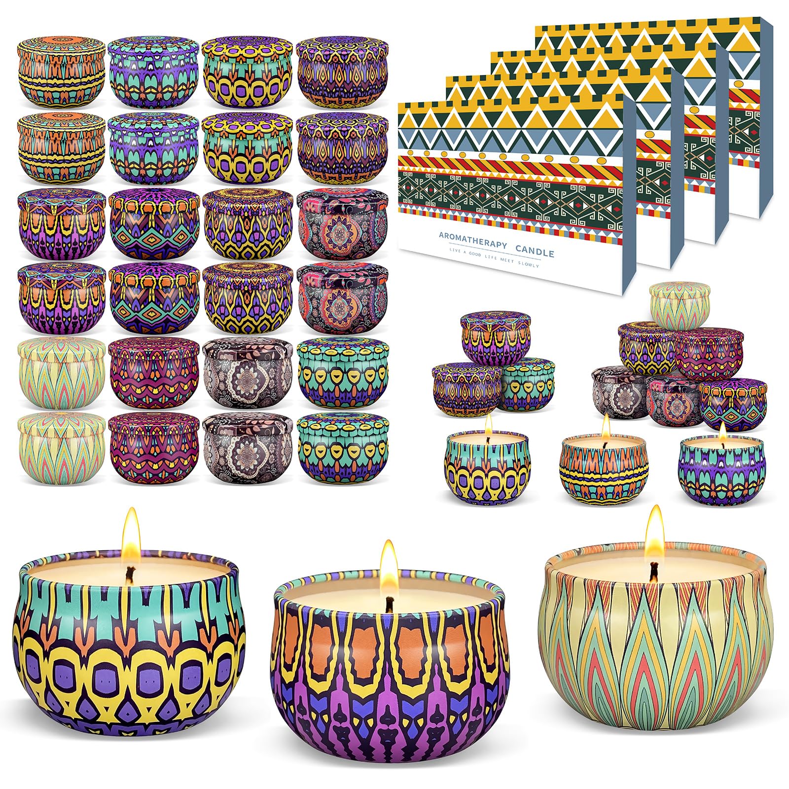 Soyyla 48-piece candle set in gift box creates instant home ambiance.