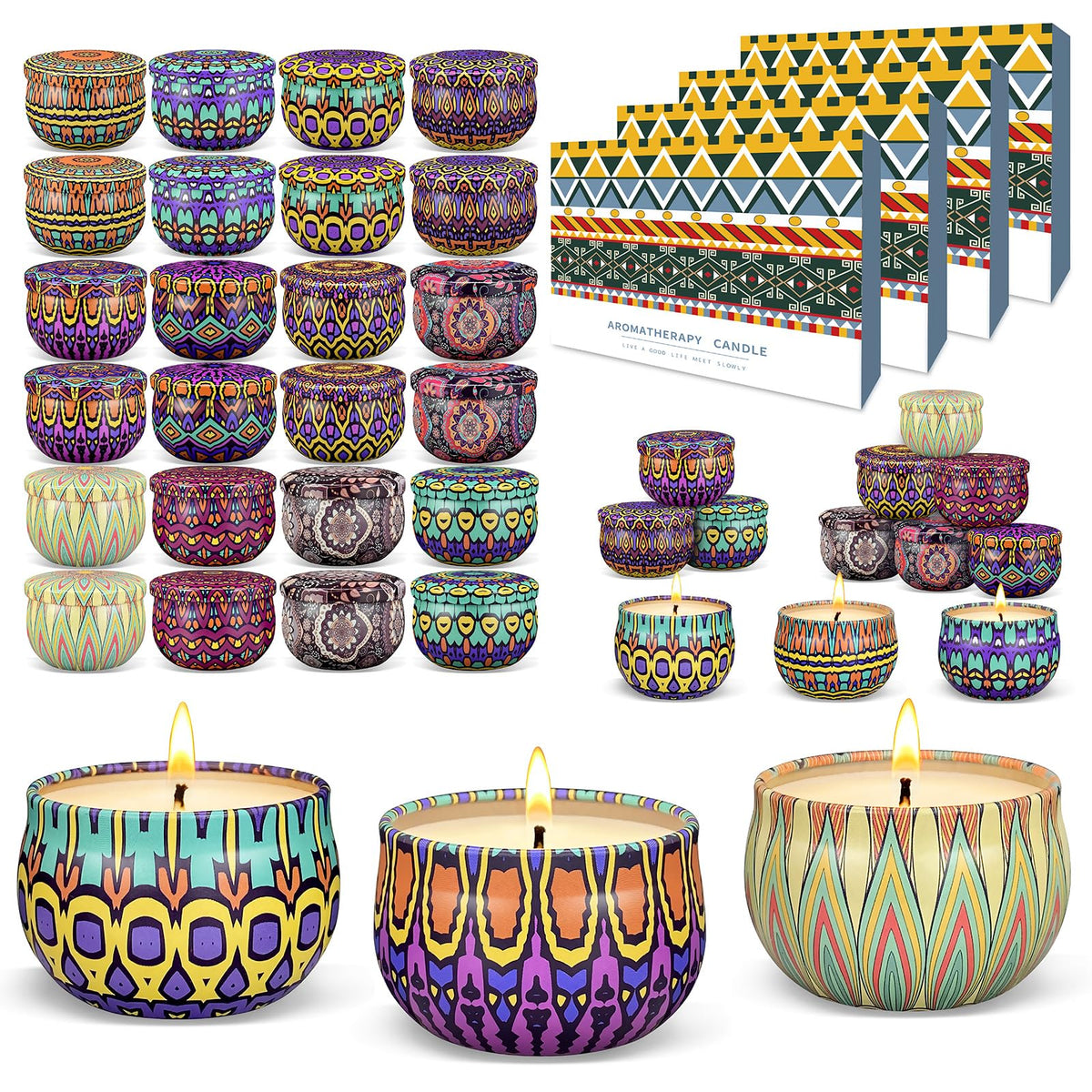 Soyyla 48-piece candle set in gift box creates instant home ambiance.