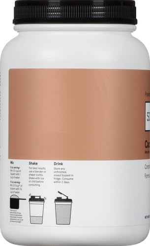 Soylent tub shows 12 shakes per tub with convenient scoop