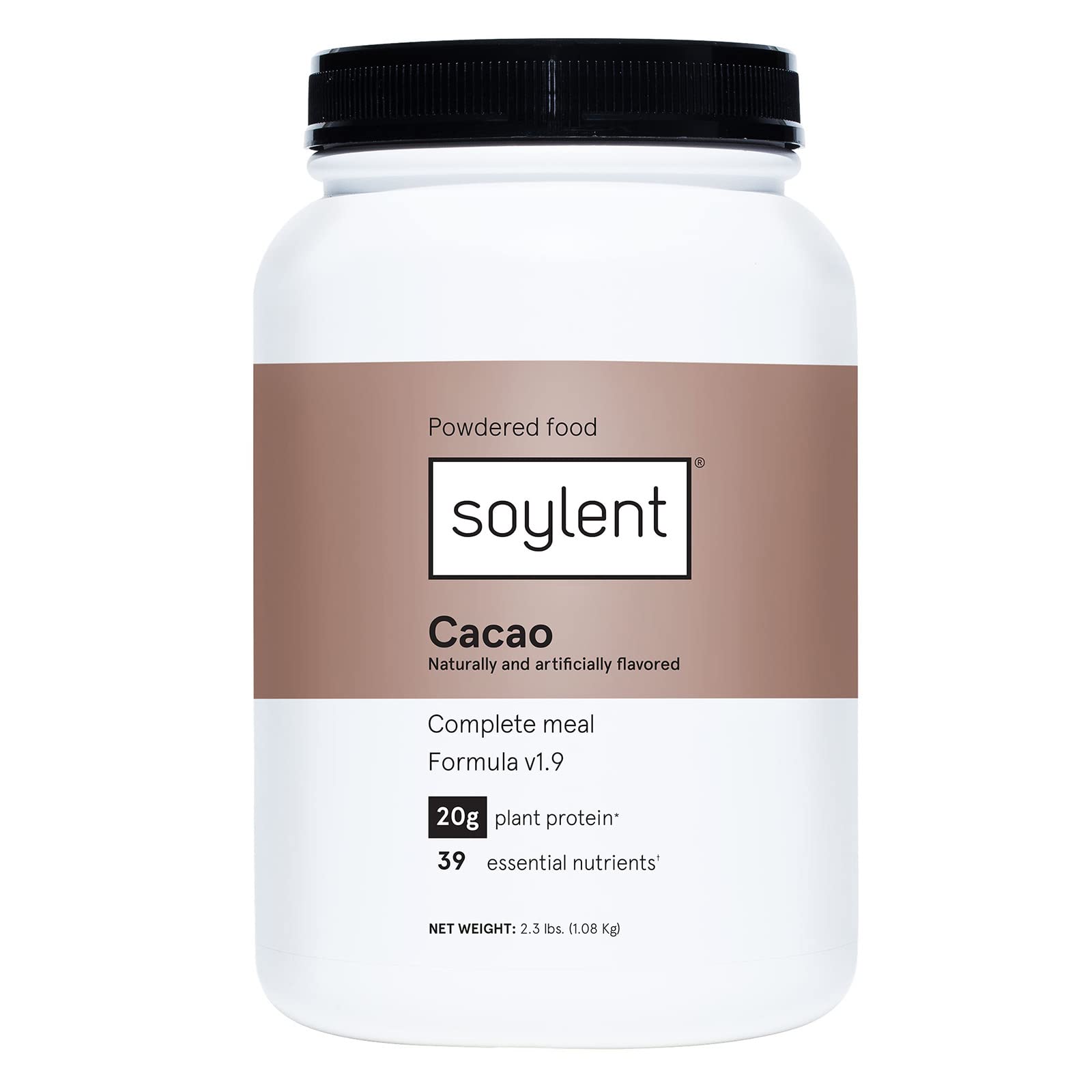 Soylent cacao powder tub with rich chocolate shake base for quick meals