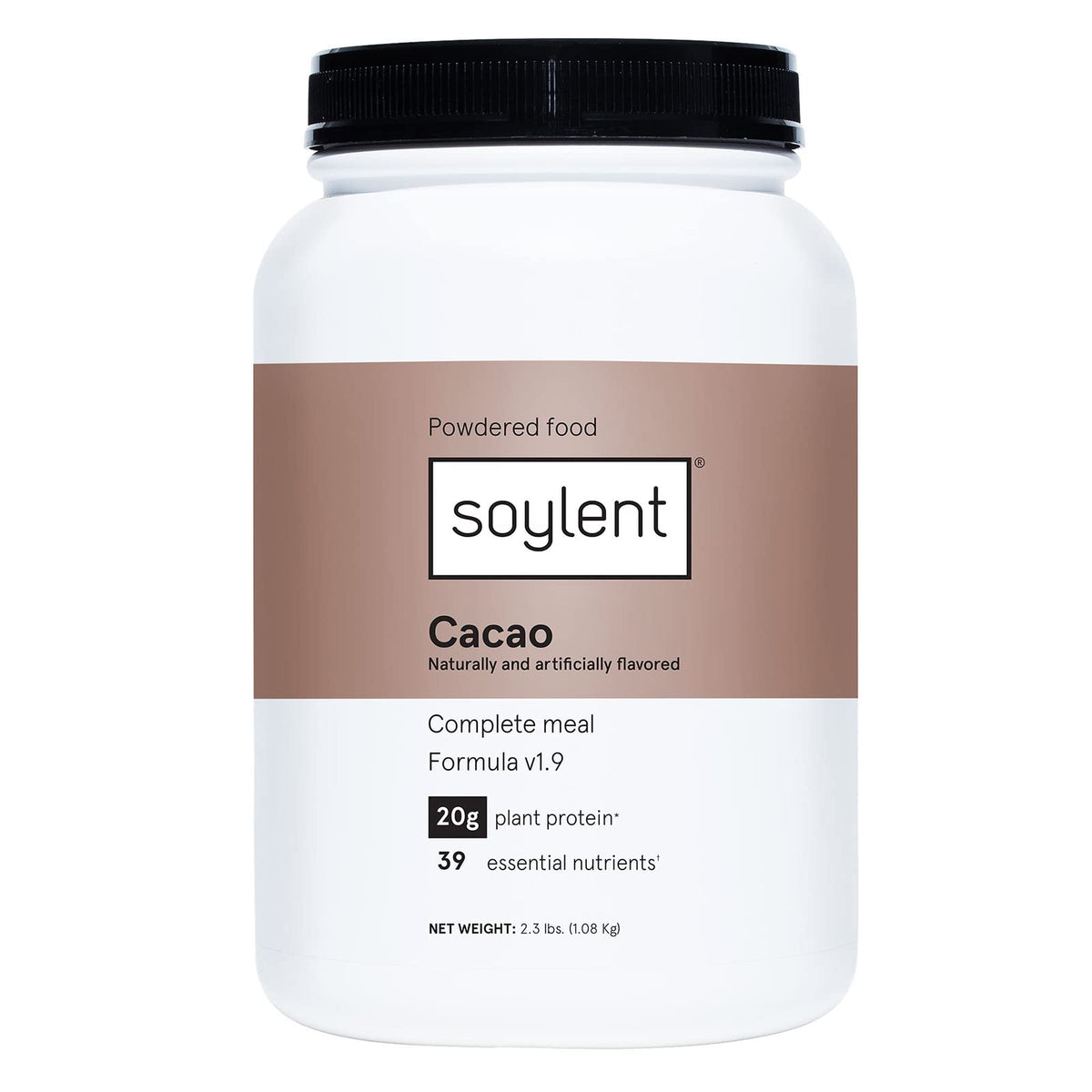Soylent cacao powder tub with rich chocolate shake base for quick meals