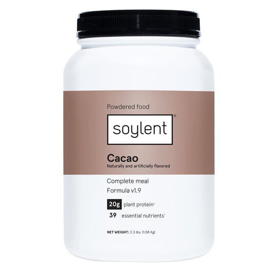 Soylent cacao powder tub with rich chocolate shake base for quick meals
