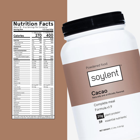 Soylent plant based protein powder showing 20 g per serving for steady energy