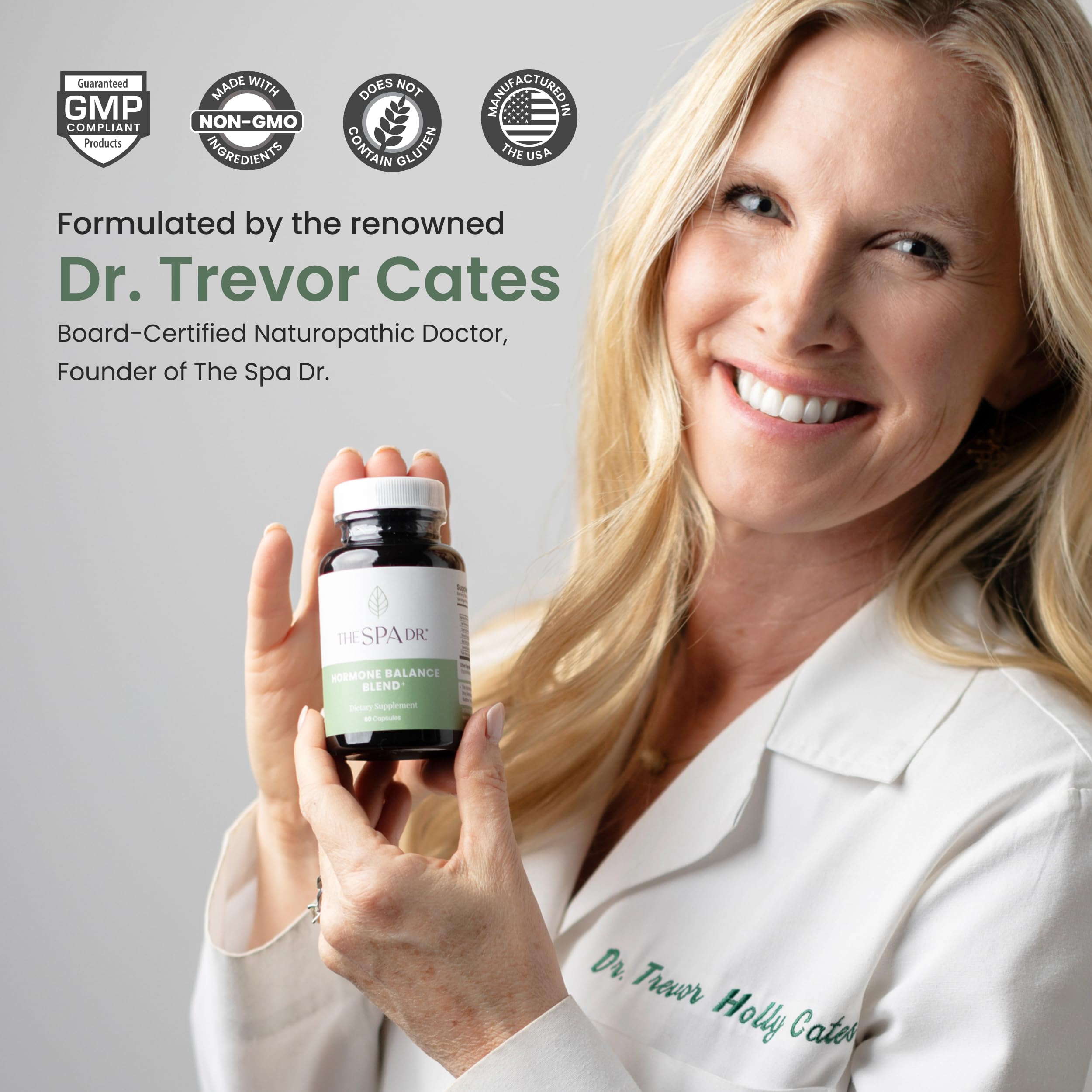 The Spa Dr Hormone Balance bottle emphasizes a clean, hormone-free formulation.