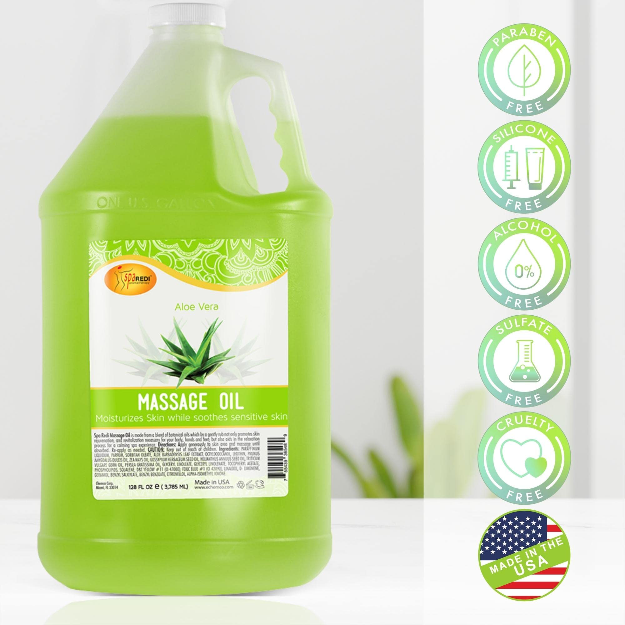 SPA REDI Aloe Vera massage oil made in USA packaging.