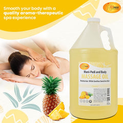 SPA REDI Pineapple Massage Oil ingredients layout with almond and avocado nourishments.
