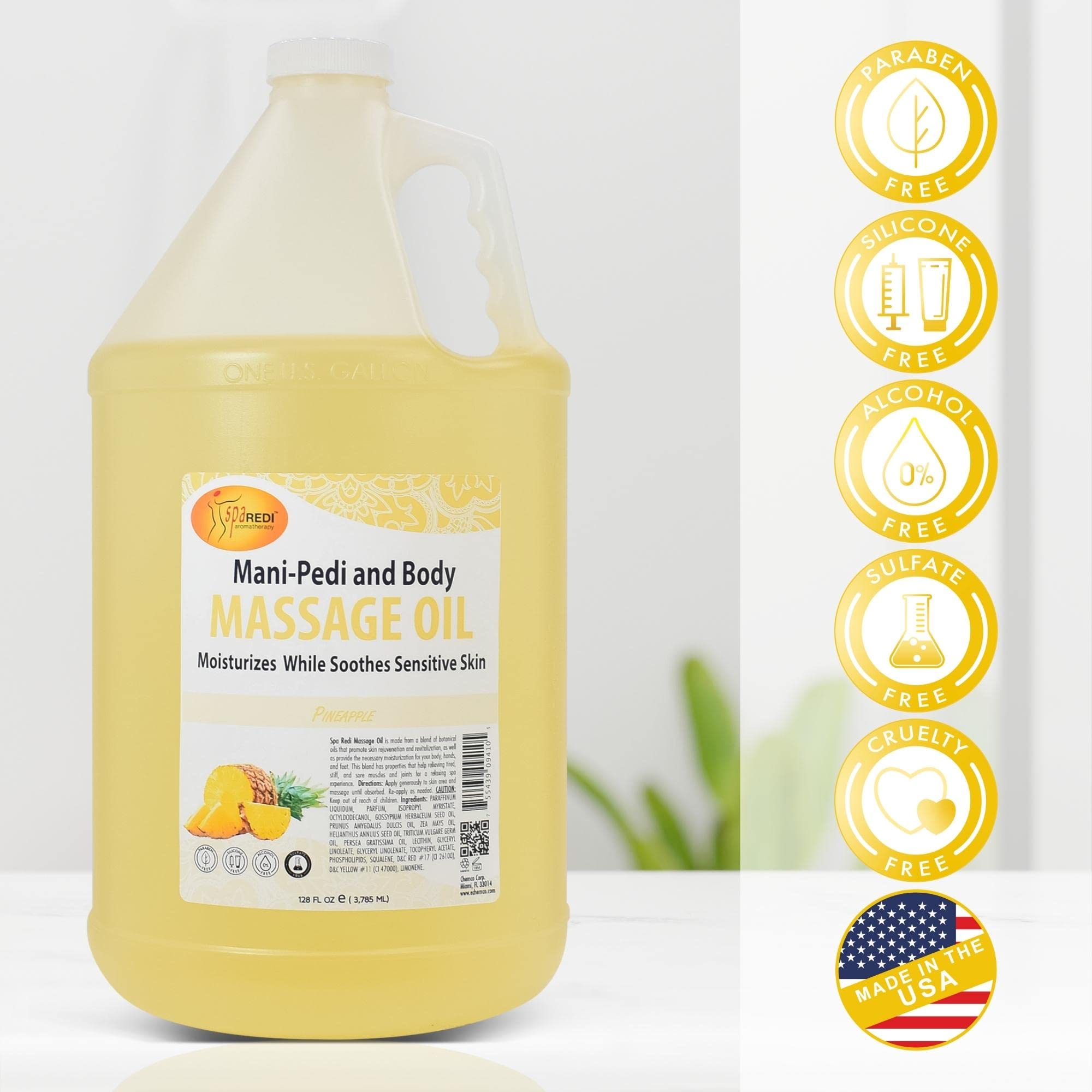 SPA REDI Pineapple Massage Oil packaging showcases USA-made quality.