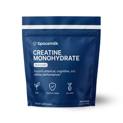 Spacemilk creatine micronized powder in a jar for smooth mixing and clean energy.