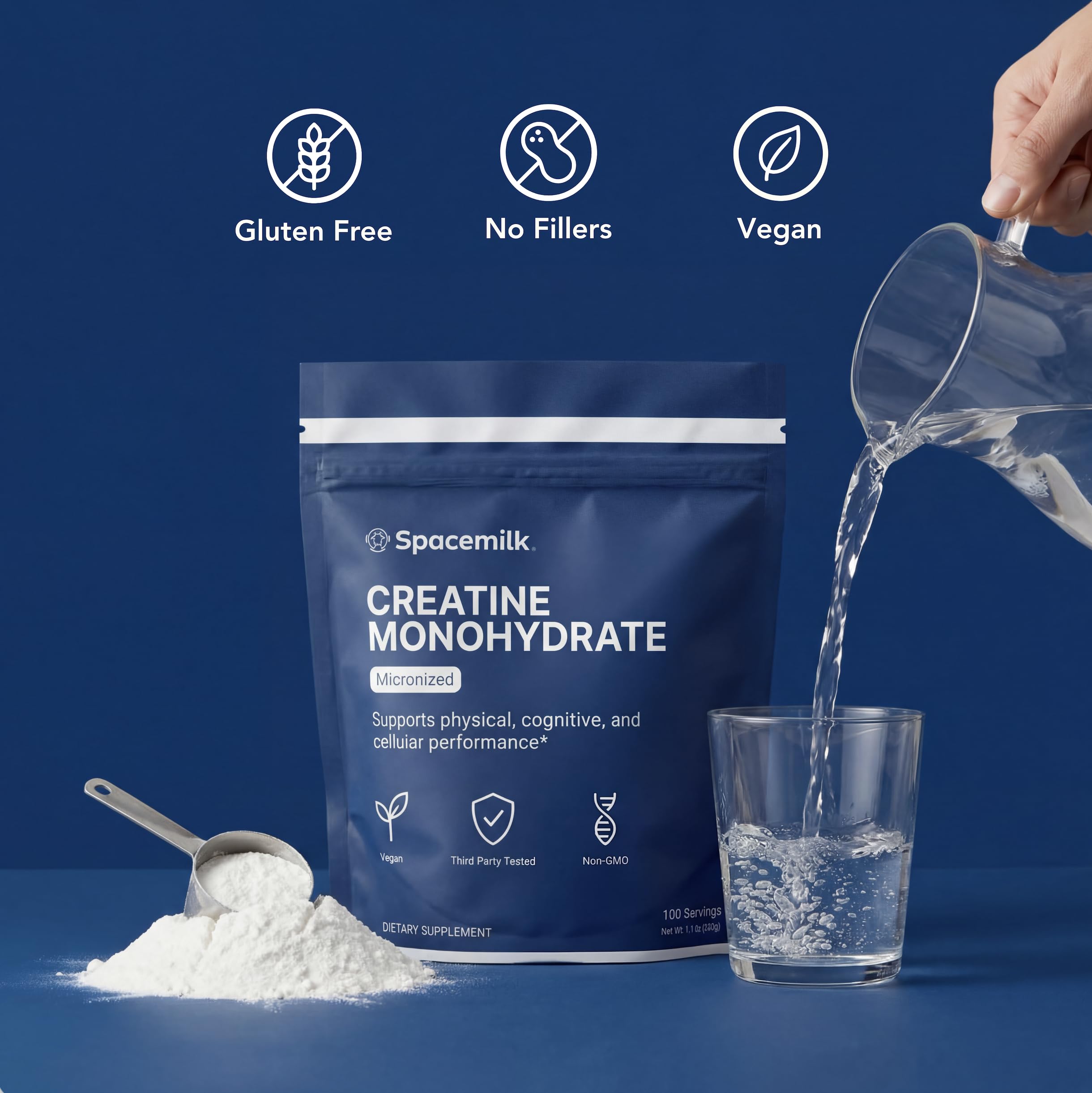 Spacemilk creatine powder scoop aids precise serving for consistent workouts.