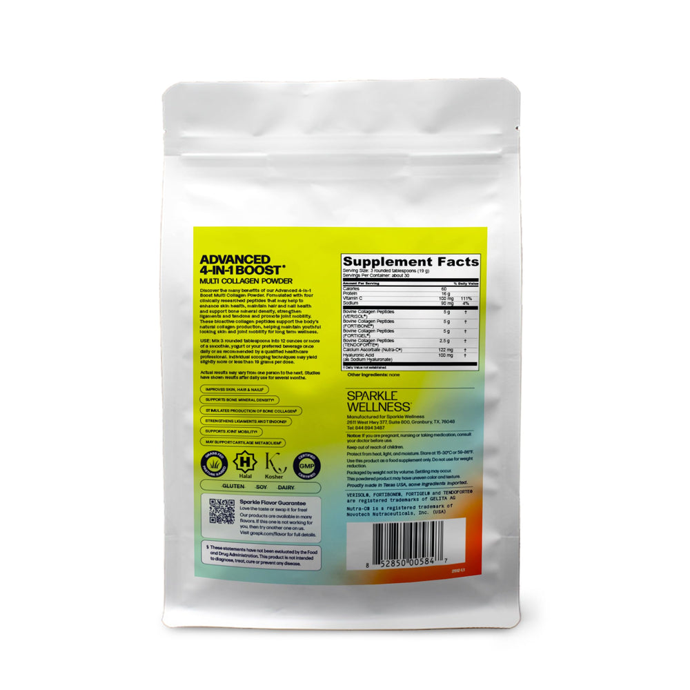 Sparkle Wellness 4 in 1 Boost label highlighting VERISOL, FORTIBONE, FORTIGEL, TENDORFORTE