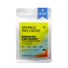 Sparkle Wellness Advanced 4-in-1 Boost tub shown for daily collagen support and easy mixing.