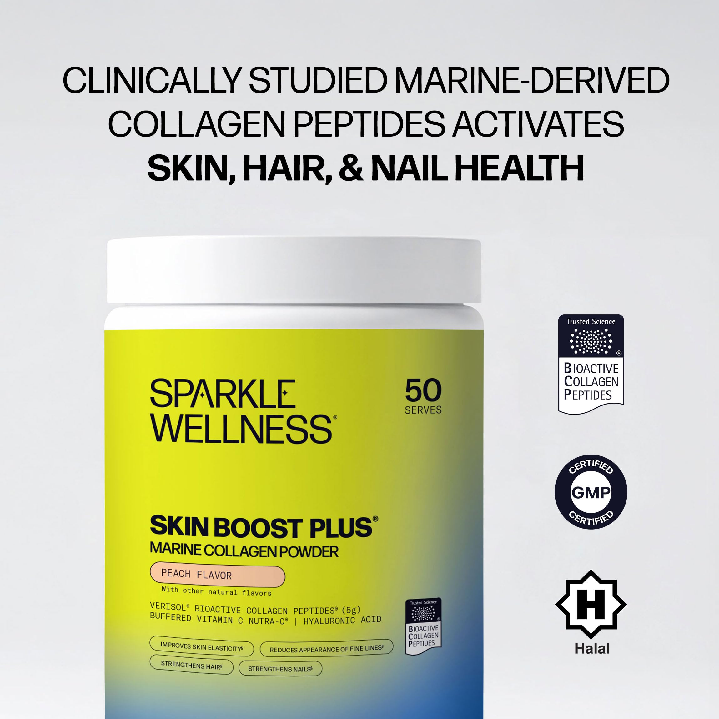 Closeup of Sparkle Wellness bottle label highlighting marine collagen