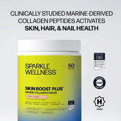 Closeup of Sparkle Wellness bottle label highlighting marine collagen