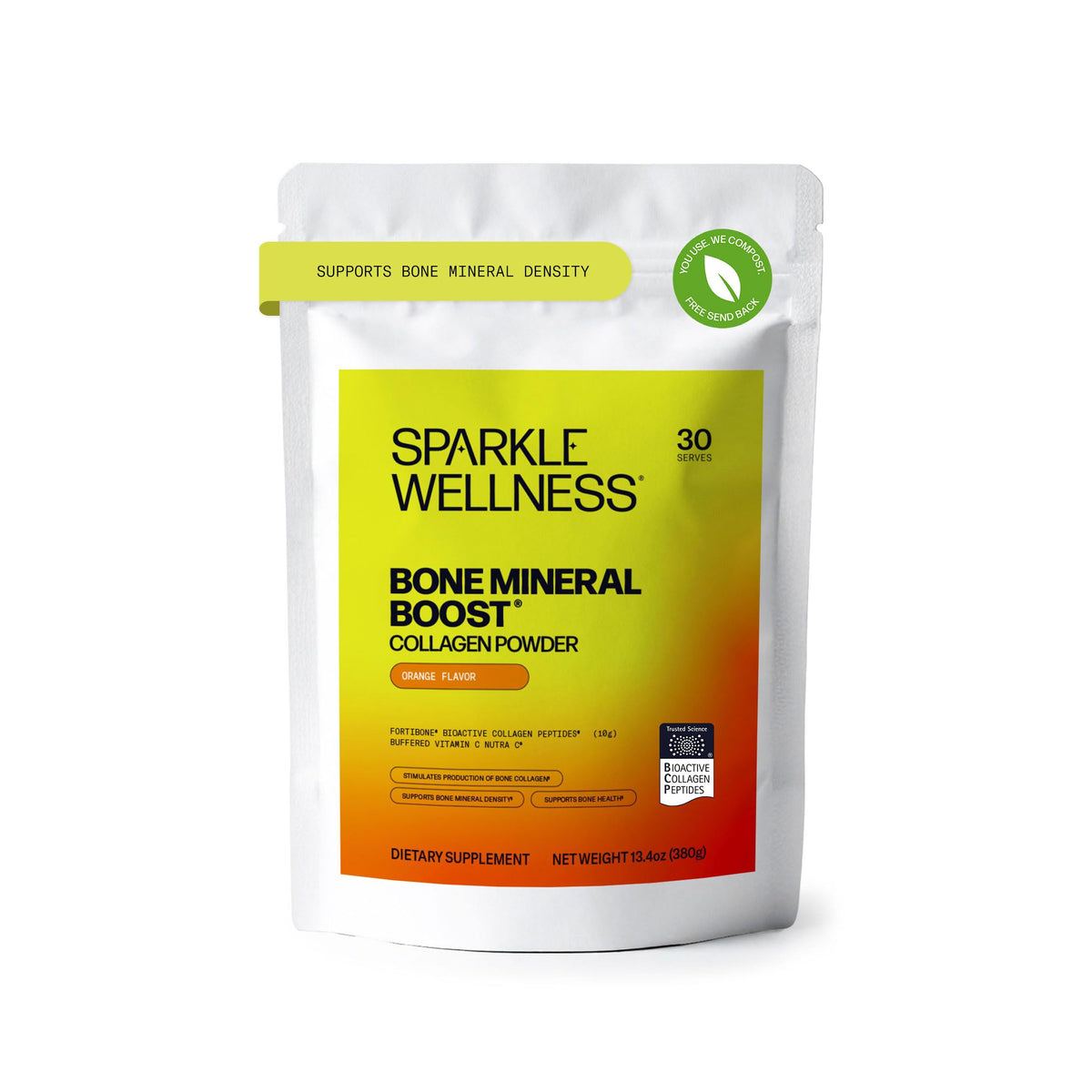 Sparkle Wellness Fortibone bottle front, clear branding and bone health focus