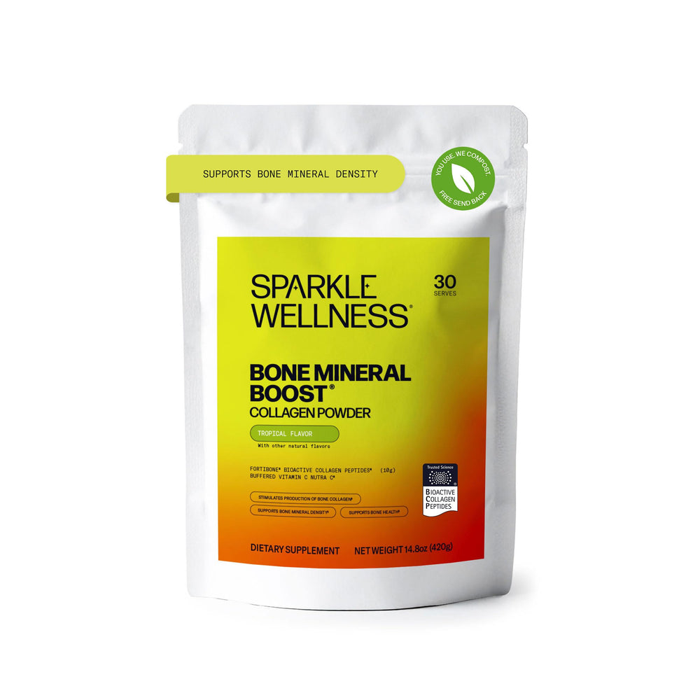 Sparkle Wellness FORTIBONE bottle label showing tropical collagen blend for bone support