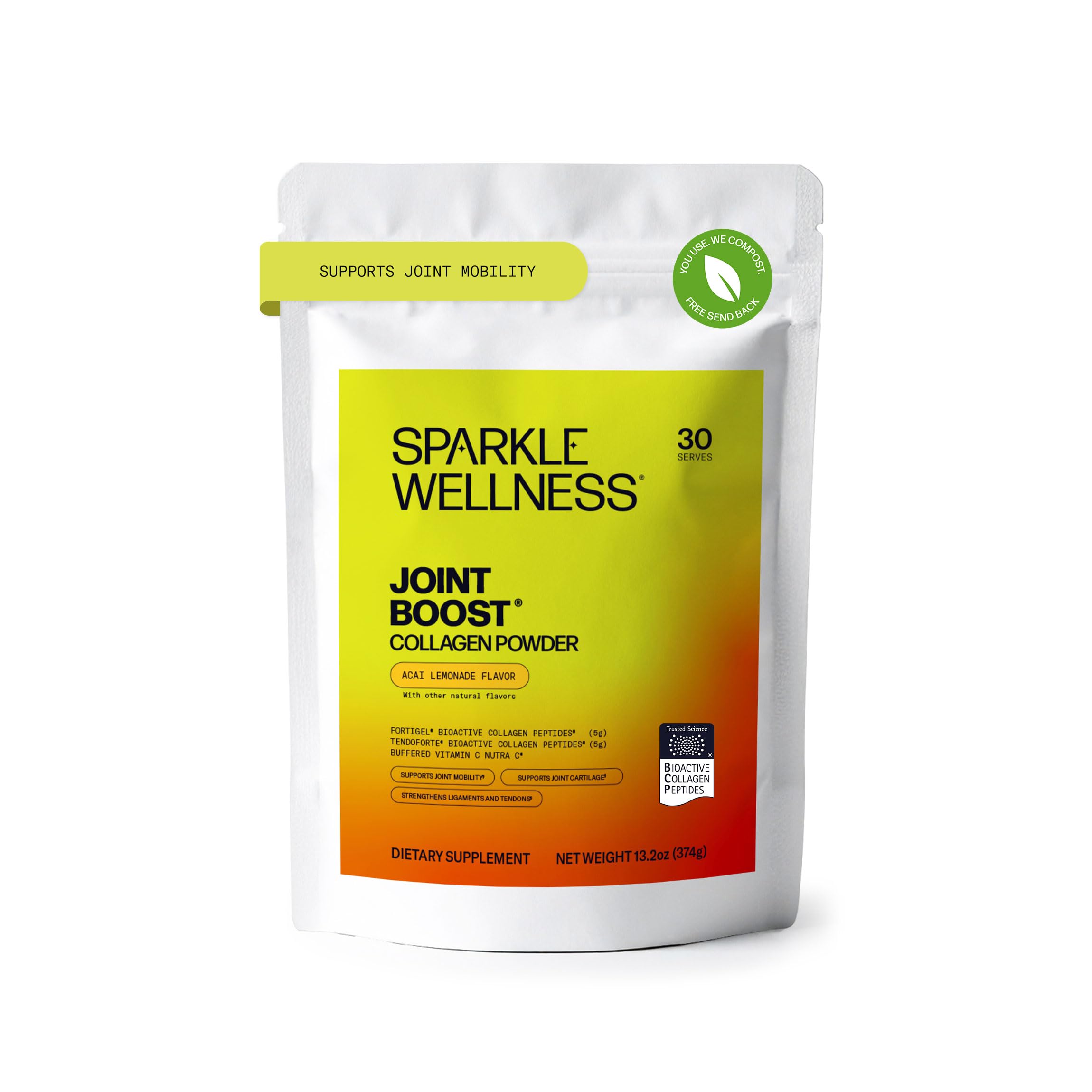 Sparkle Wellness Fortigel Tendoforte Acai Lemonade jar promoting joint-friendly nutrition