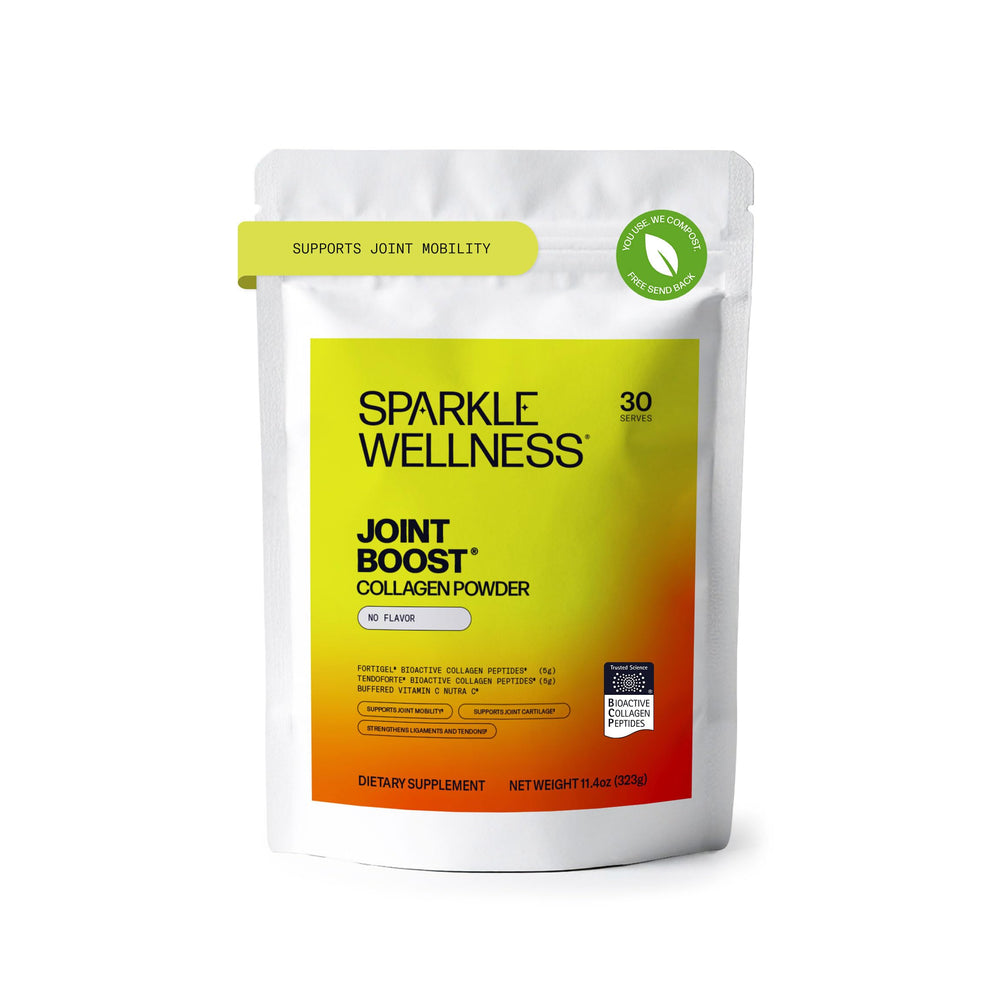 Sparkle Wellness Fortigel Tendoforte bottle, convenient no-flavor powder for daily joint support.