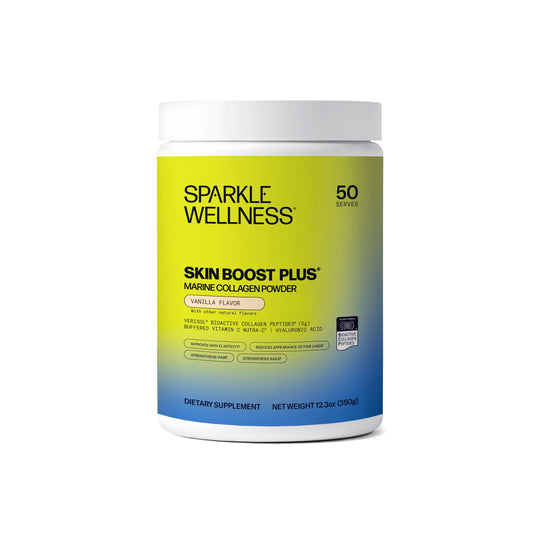 Sparkle Wellness marine-derived VERISOL collagen powder in vanilla bottle supports radiant skin hydration