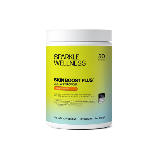 Sparkle Wellness VERISOL collagen powder being poured into a glass for skin hydration support.