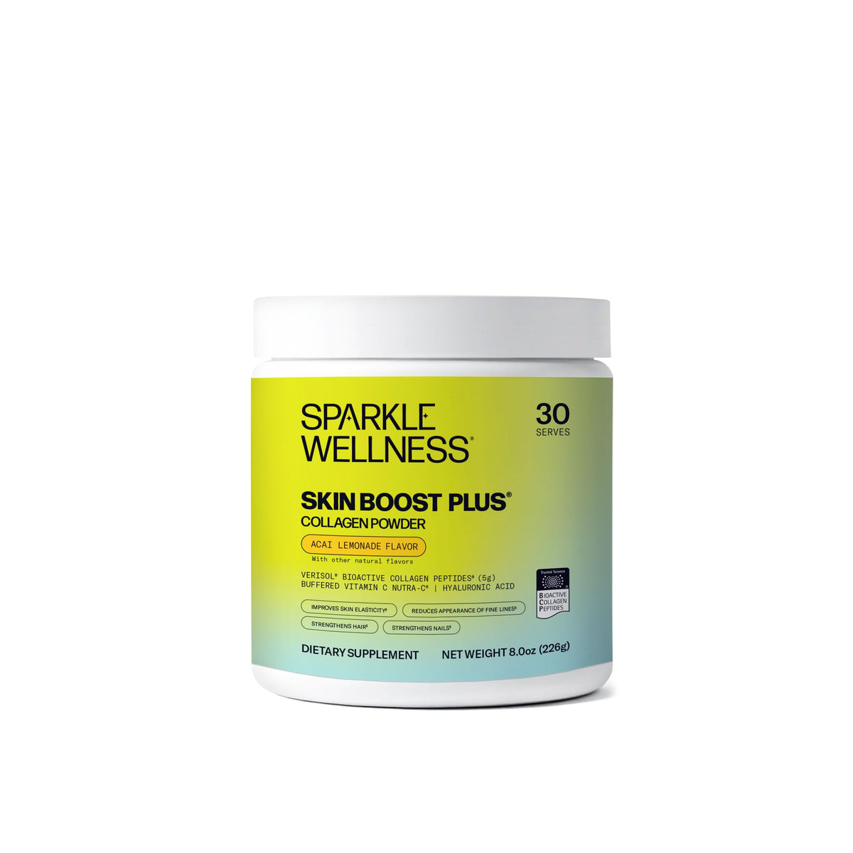 Sparkle Wellness VERISOL collagen bottle showing the 30-serving tub for skin, hair, and nails
