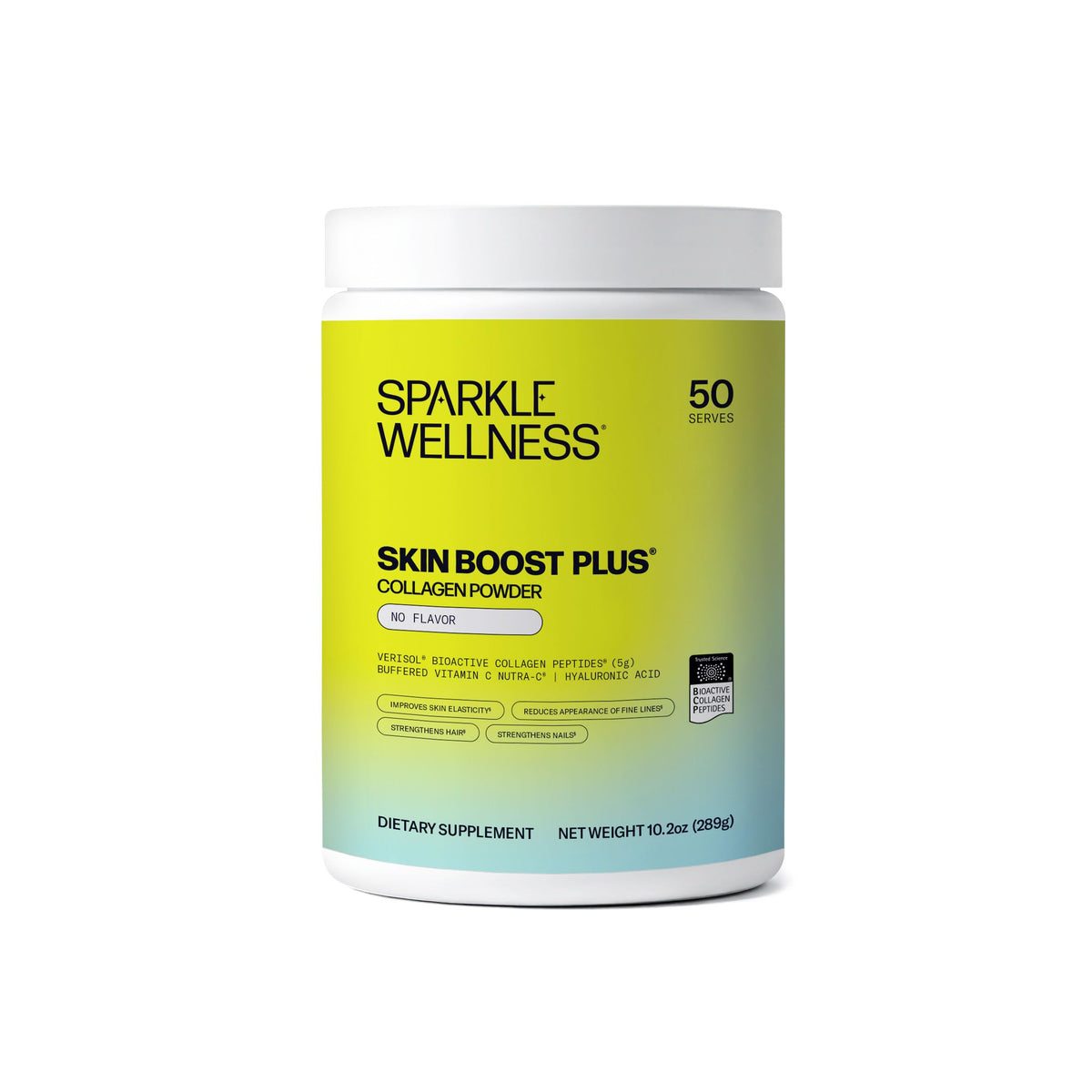 Sparkle Wellness Verisol collagen bottle front, unflavored daily skin support.