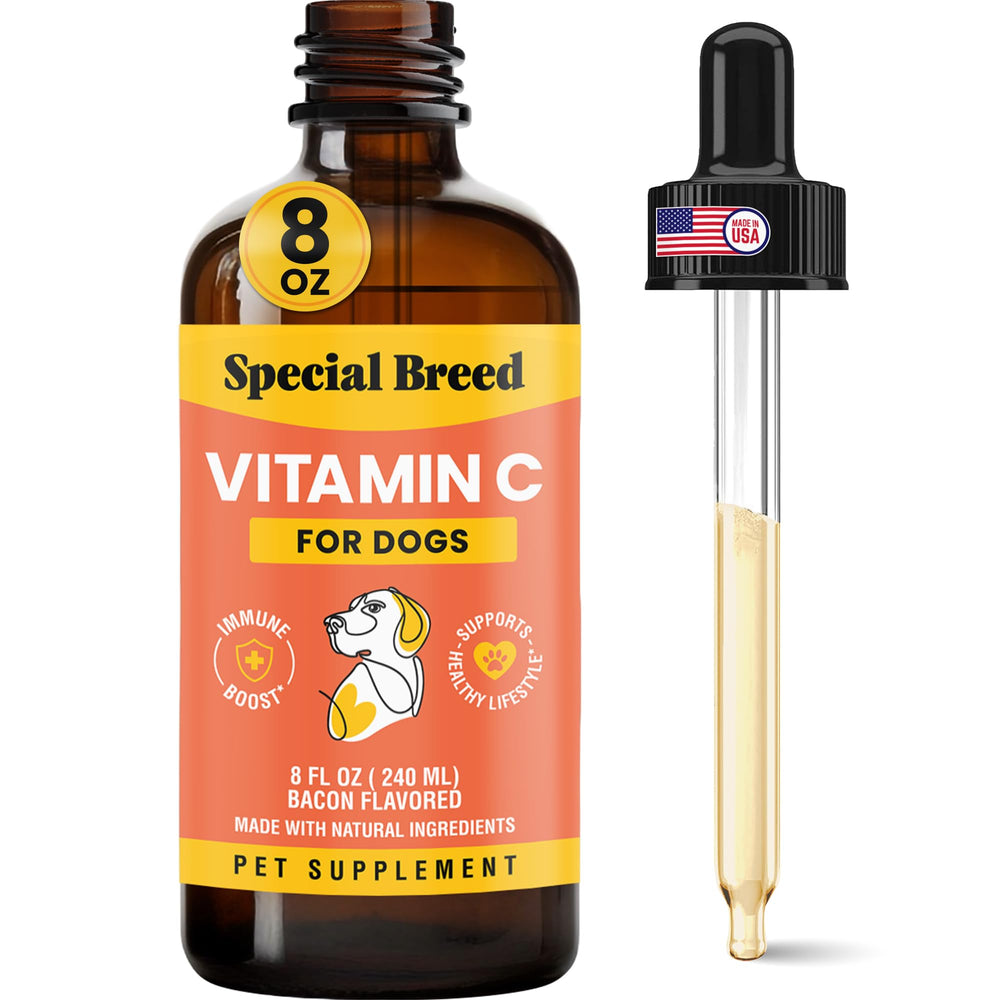Special Breed Vitamin C for Dogs bottle front shows bacon flavor for easy palatability