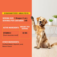 Special Breed Vitamin C for Dogs with dog and bottle illustrating serving size