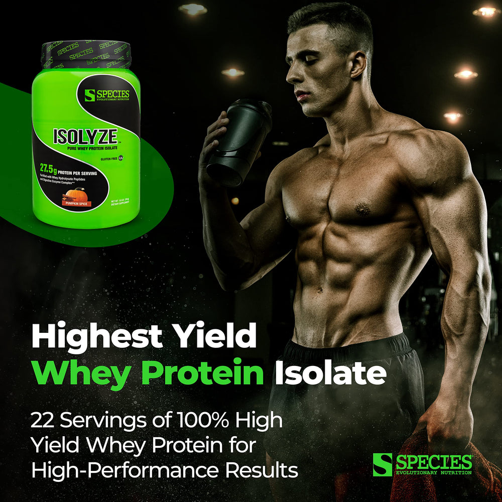 Species Nutrition Isolyze pumpkin spice powder in shaker demonstrates smooth mixing and flavor