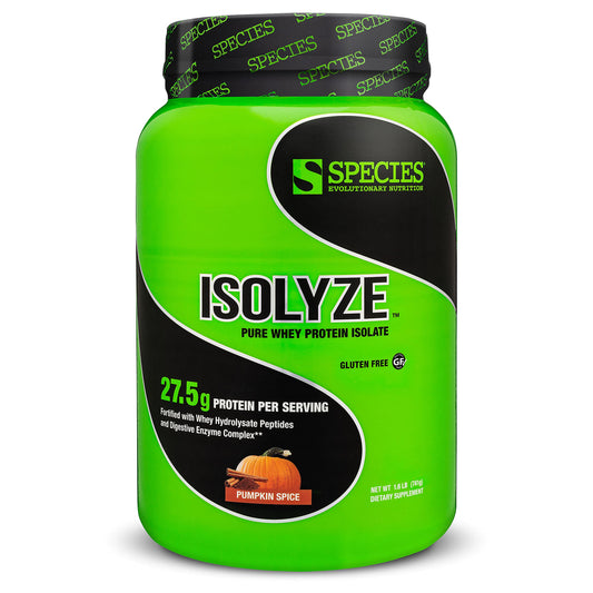 Species Nutrition Isolyze pumpkin spice scoop boosts post-workout recovery with fast protein