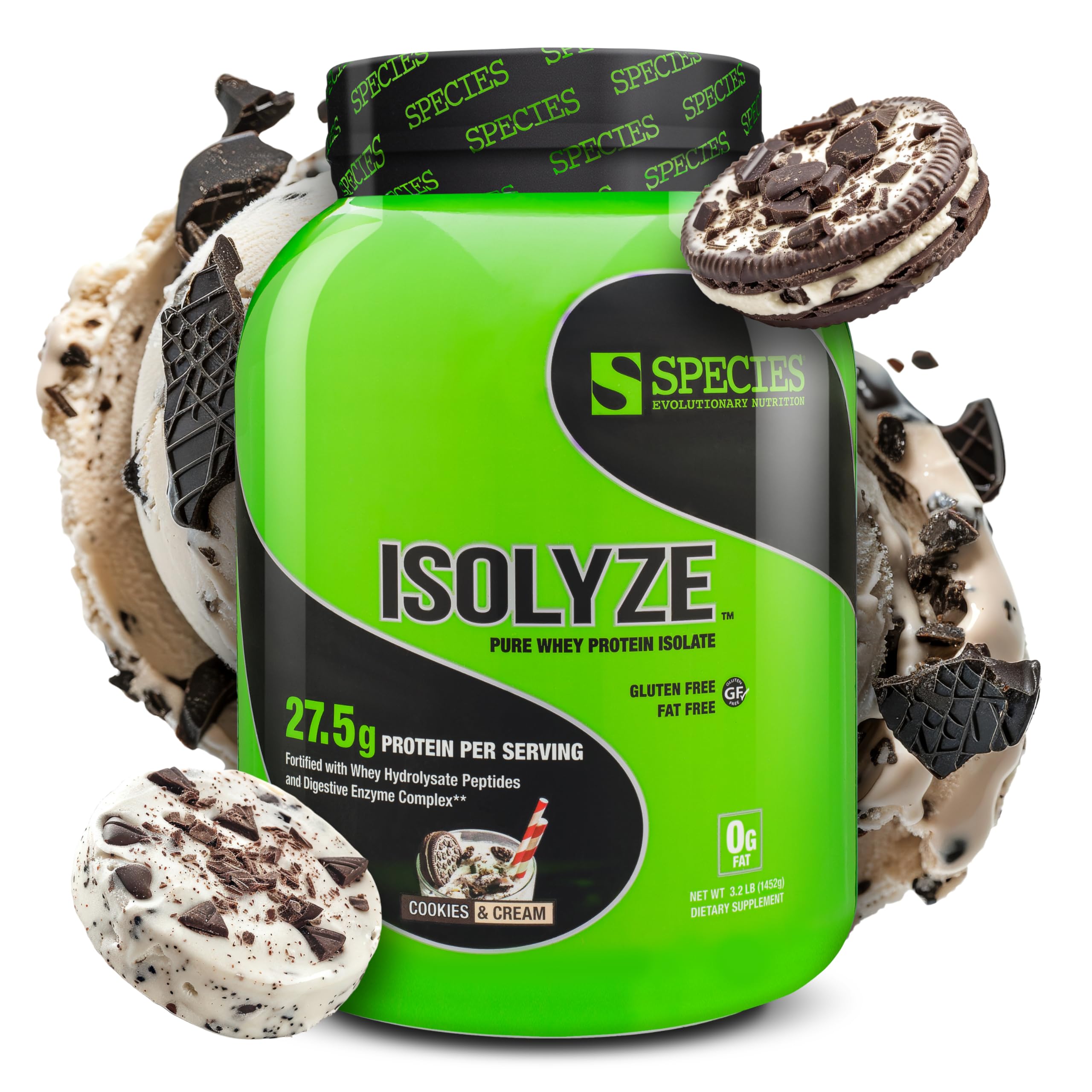 Species Nutrition Isolyze whey protein isolate scoop showing 27.5g protein per serving for muscle support.