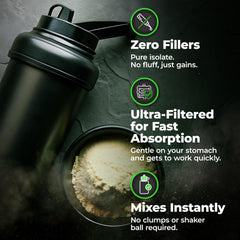 Label close-up on Isolyze highlights premium whey isolate quality.