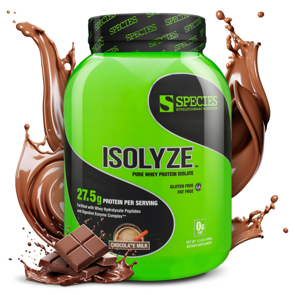 Species Nutrition Isolyze whey protein powder scoop for convenient post-workout protein intake.