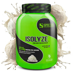 Species Nutrition Isolyze protein tub highlighting high protein isolate and vanilla flavor