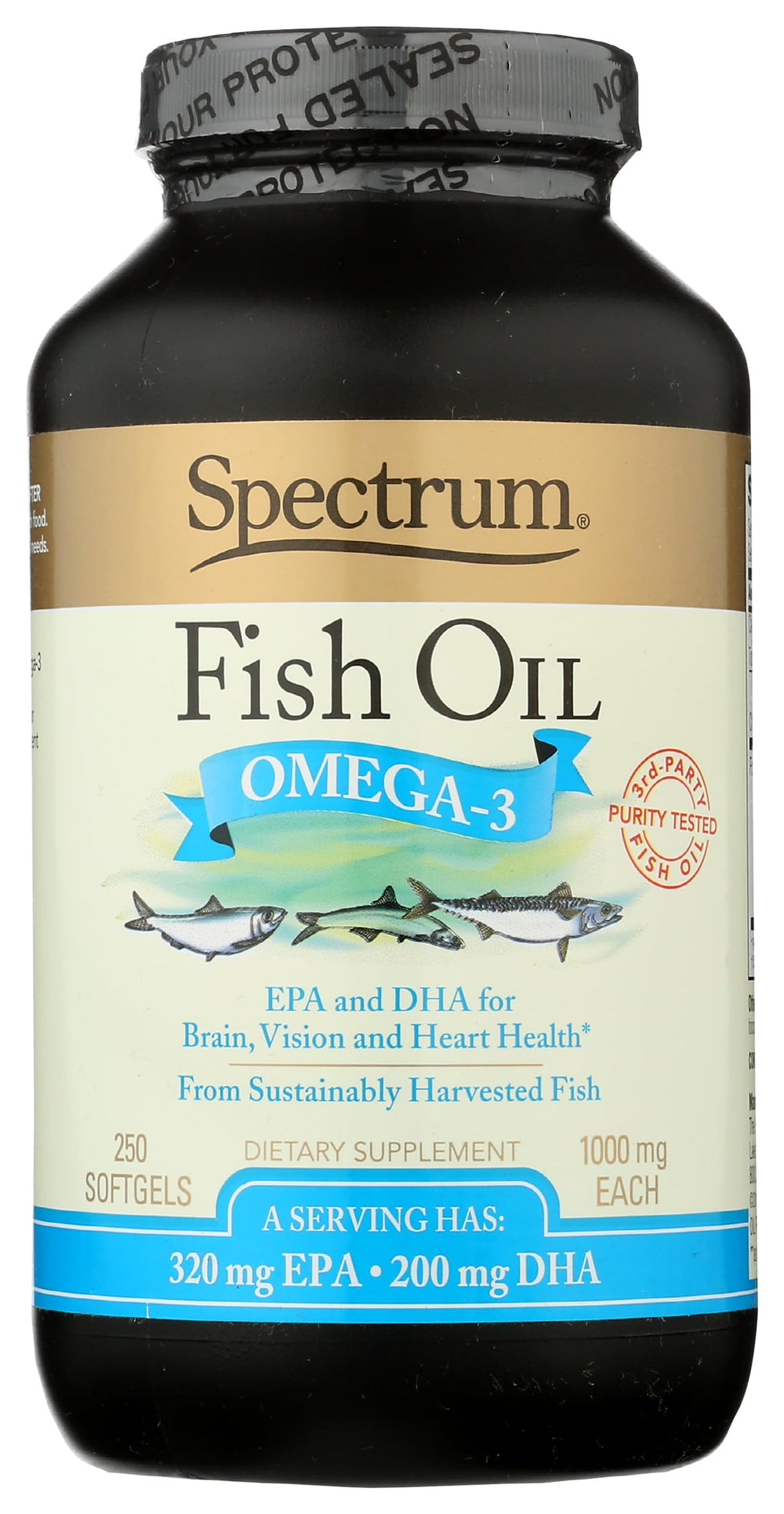 Spectrum Essentials fish oil softgels bottle front showing omega-3 details for daily wellness