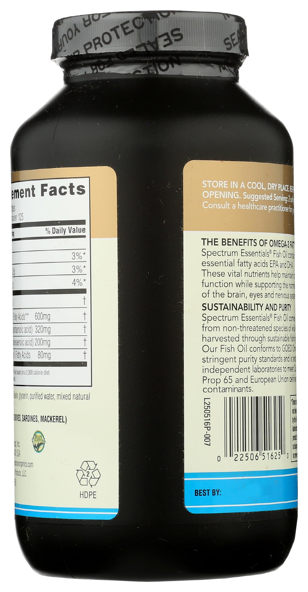 Spectrum Essentials fish oil softgels pour showing easy-to-swallow capsules for omega-3 intake