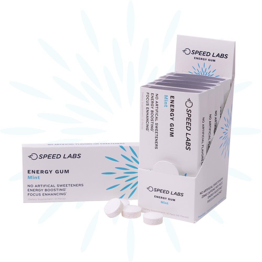 Speed Labs mint energy gum foil pack boosts alertness during meetings.