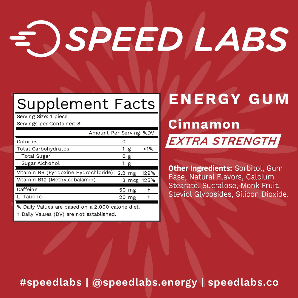 Speed Labs Cinnamon gum pack open demonstrates convenient single-dose use.