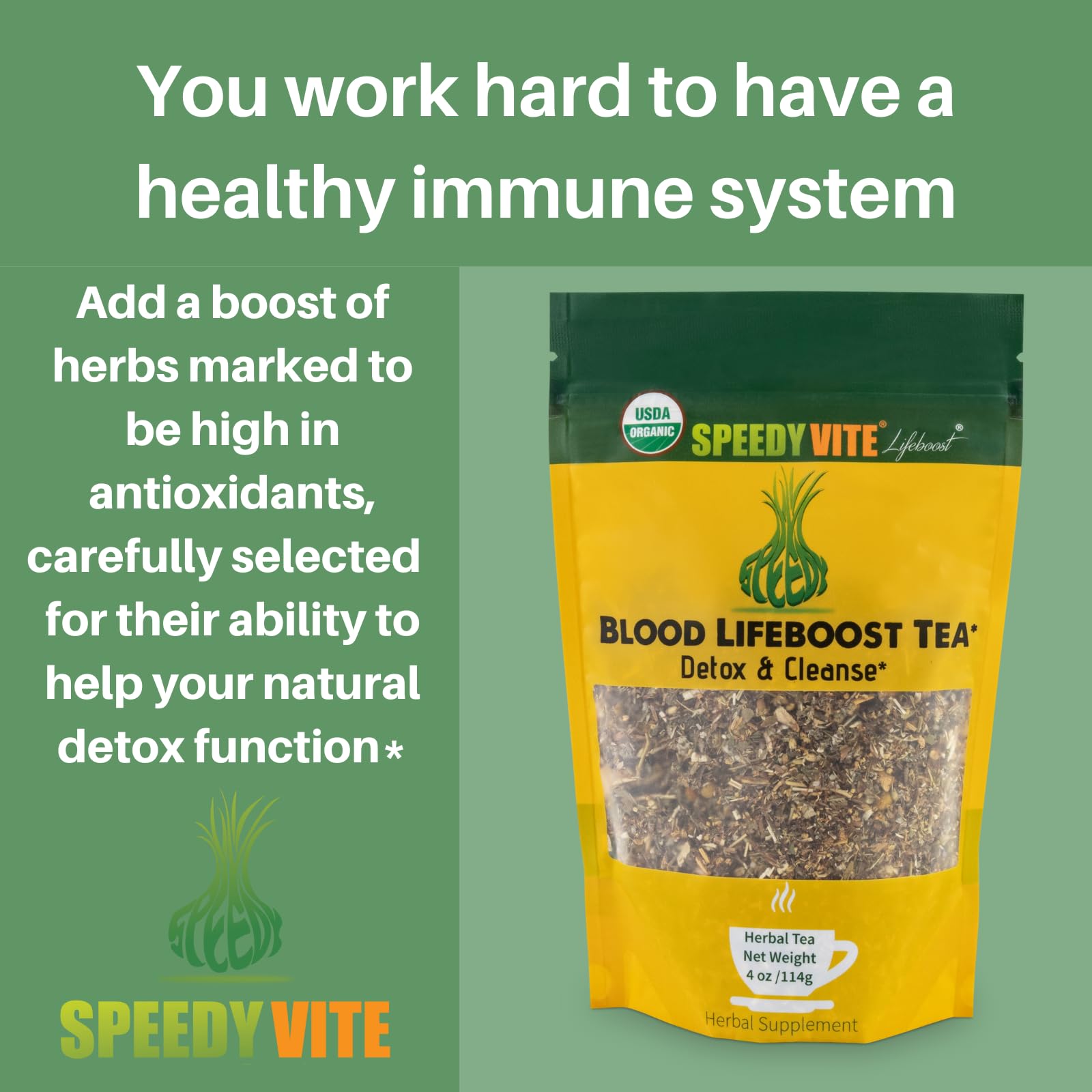 Closeup of SpeedyVite Blood Lifeboost blend highlighting Echinacea and Chamomile.