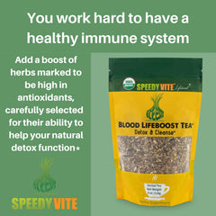 Closeup of SpeedyVite Blood Lifeboost blend highlighting Echinacea and Chamomile.