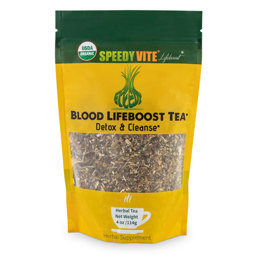 SpeedyVite Blood Lifeboost Tea bottle with herbal blend for cleansing support.