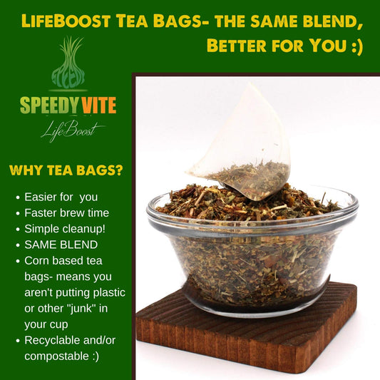 Pyramid teabags of SpeedyVite Blood Lifeboost Tea ready for brewing