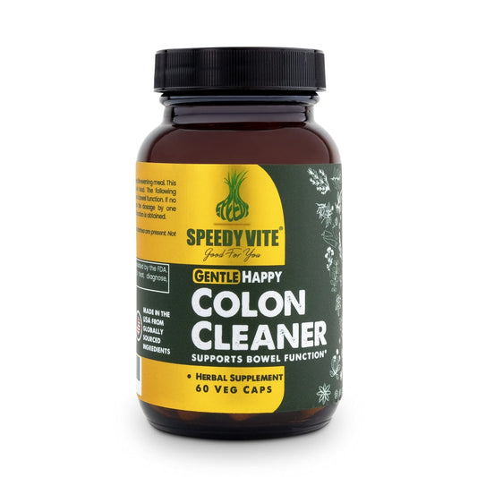 SpeedyVite Happy Colon bottle front label showing organic ingredients for gentle support.