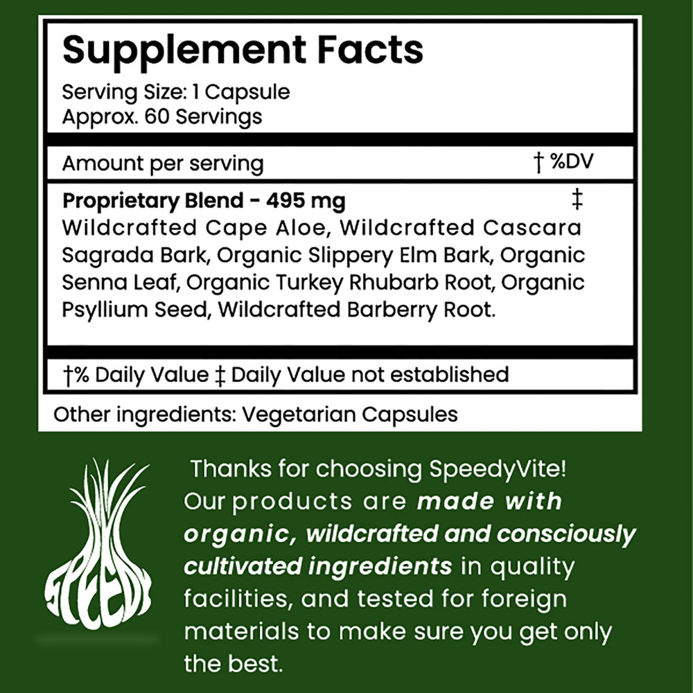 Layout of SpeedyVite Happy Colon capsules arranged for a daily routine.