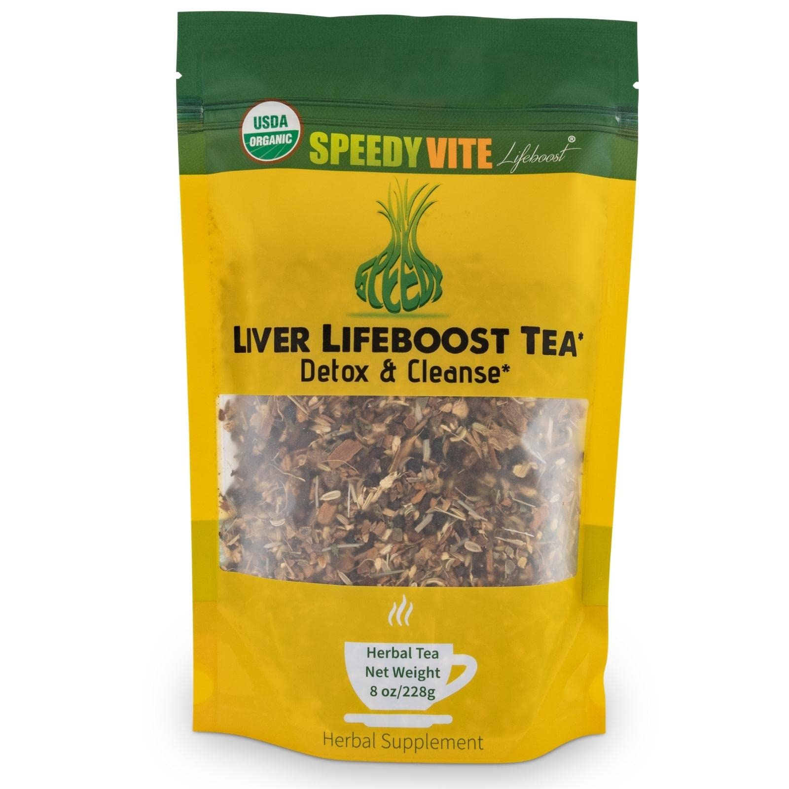 SpeedyVite Liver Detox Tea packaging highlights organic blend for daily liver and gallbladder support