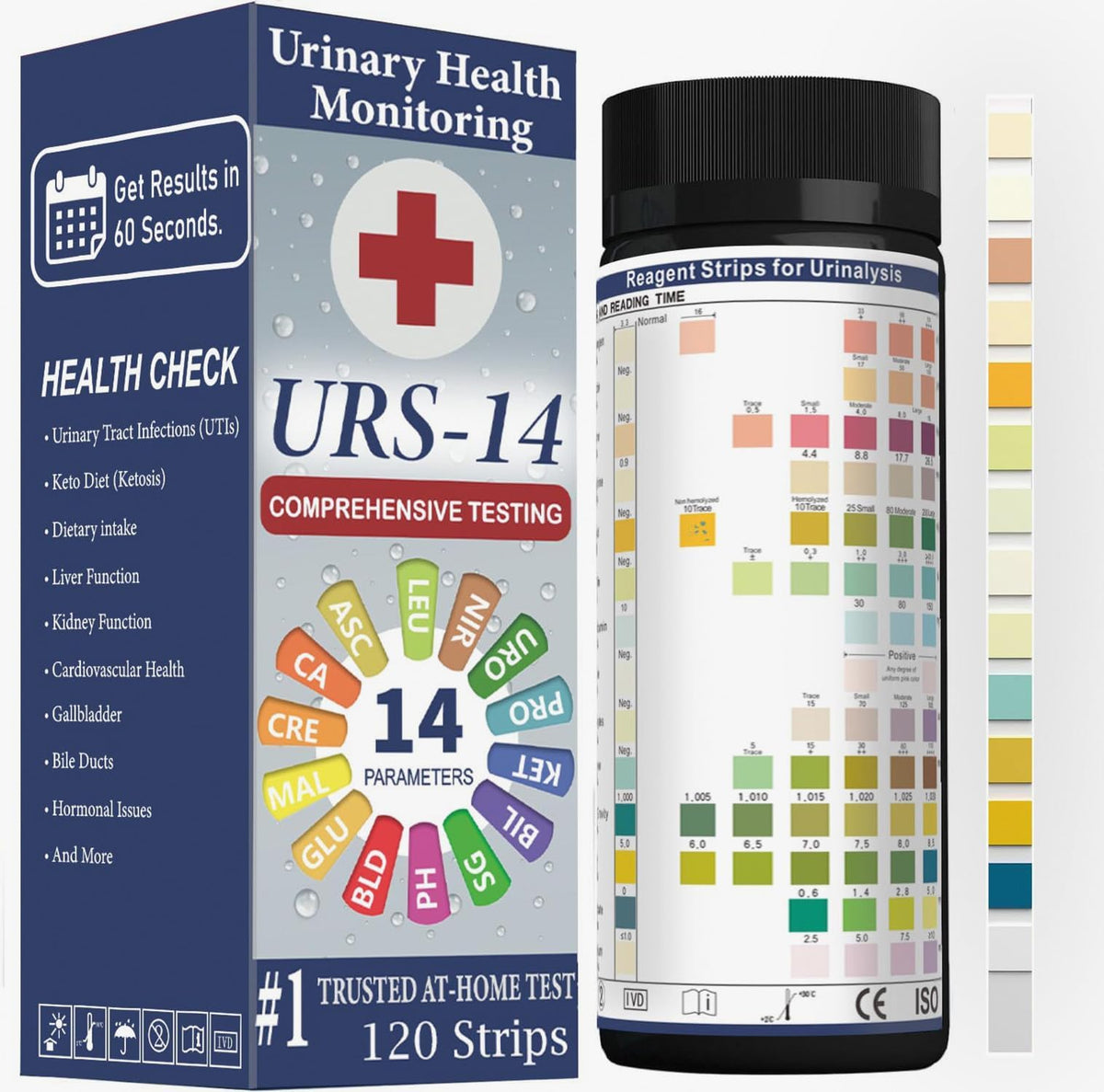 Spehomy-Test URS urine strip bottle for quick at-home wellness checks.
