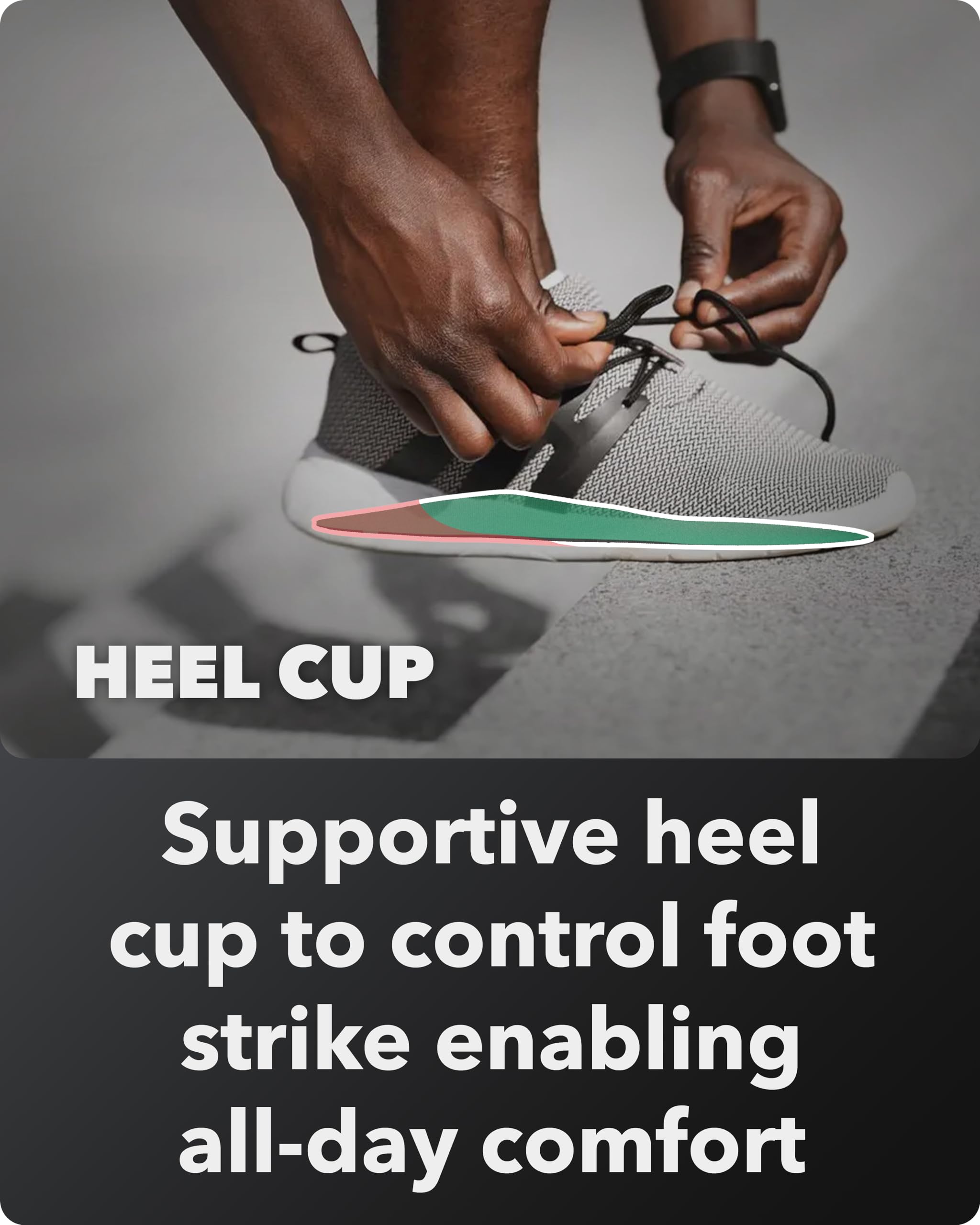 Spenco Rx deep heel cup stabilizes foot strike for confident steps.