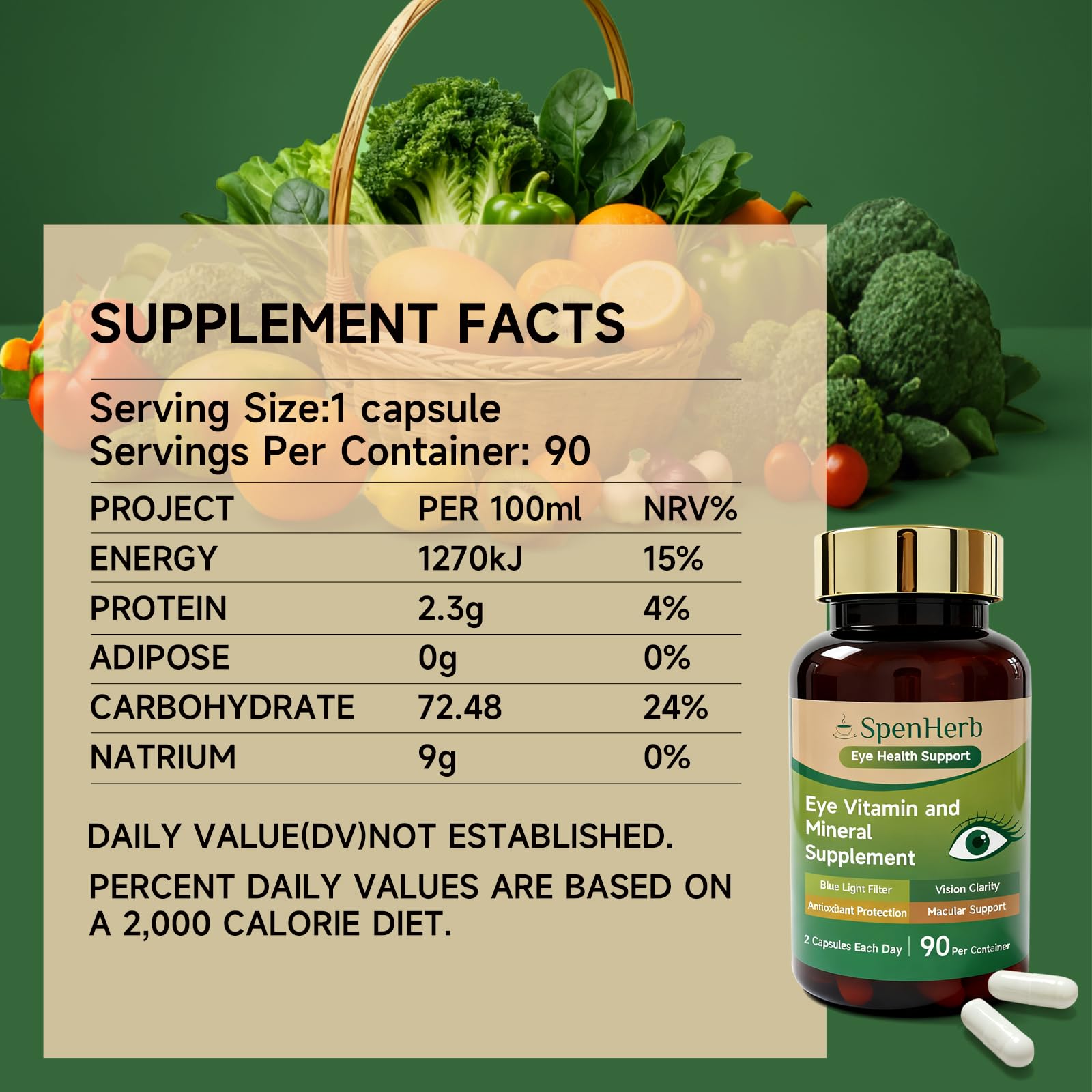 SpenHerb Eye Vitamin vegan gluten-free badge emphasizes safe dietary option.