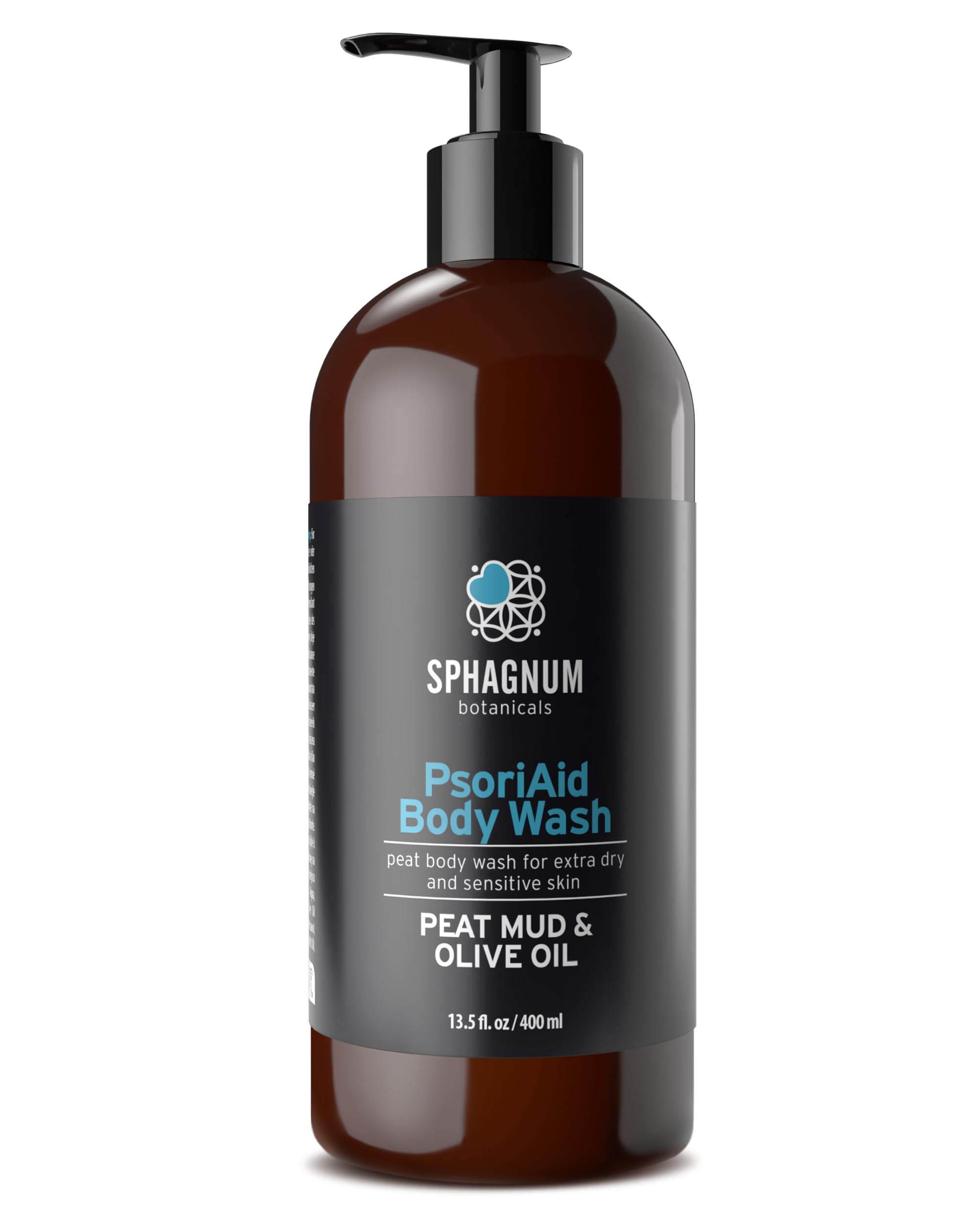 Sphagnum Botanicals psoriasis body wash bottle shows Nordic organic formula for dry, itchy skin