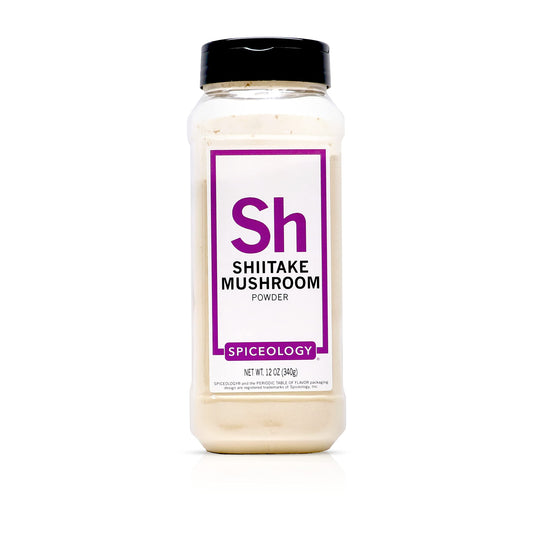 Spiceology Shiitake Mushroom Powder bottle highlighting rich umami for soups and sauces.